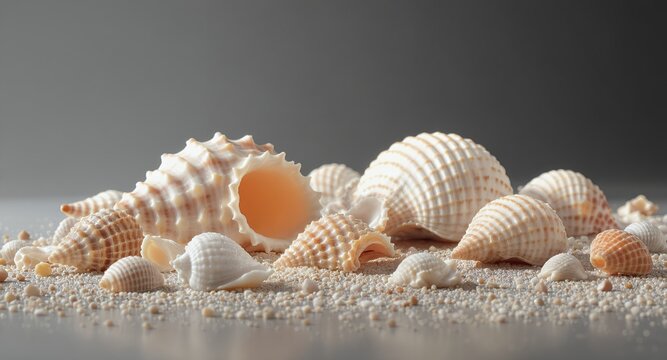 Assorted Seashells on Sandy Surface, Close-up Macro View