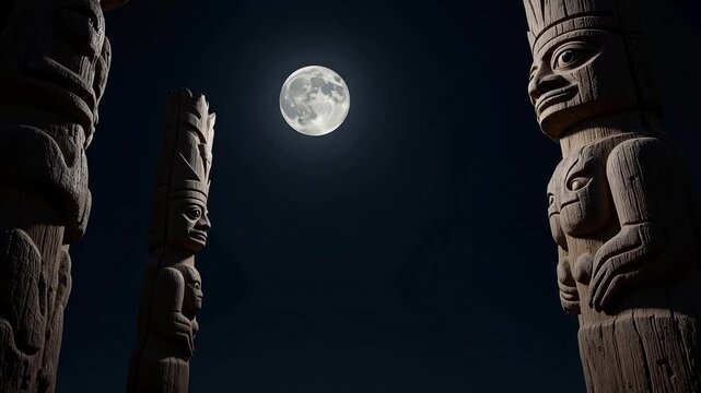 Dramatic moonlit scene featuring ancient totem poles under a clear night sky, perfect for historical documentaries or cultural exploration videos