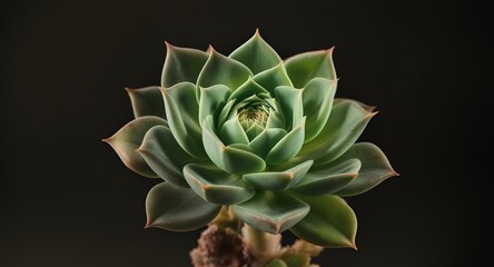 Close-up macro shot of a succulent plants geometric leaf arrangement, dark background