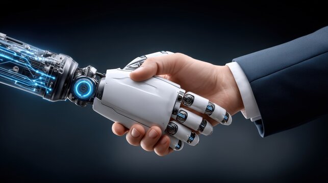 Corporate Meeting Between Human and Robo with Handshake Gesture