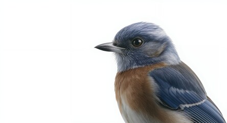 Detailed Macro Portrait of a Small Songbird with Blue and Brown Plumage on a White Background