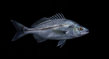 Fototapeta premium Detailed Studio Shot of a Single Silver Fish on Black Background, Aquatic Life, Seafood Ingredient, Marine Animal Isolated