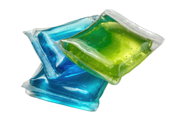 Transparent pouches of liquid detergent in vibrant blue and green hues