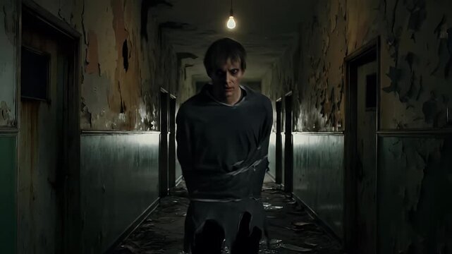 disturbed man confined in dark abandoned asylum hallway