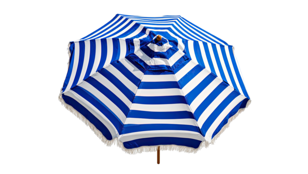 A blue and white striped beach umbrella