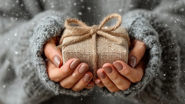 Top view New Year gift: casual grey sleeves hands cradle present, scarlet backdrop snow drift, warm wood grain, high-contrast copy space, for social cover, flash sale header, e-vite, mobile wallpaper.