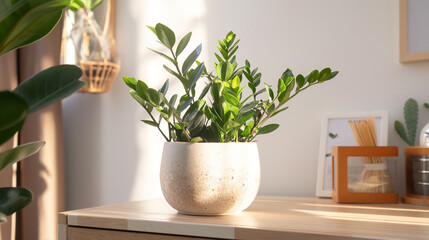 Planta Zamioculcas em vaso de cer&acirc;mica sobre c&ocirc;moda