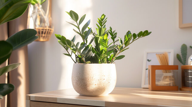 Planta Zamioculcas em vaso de cer&acirc;mica sobre c&ocirc;moda