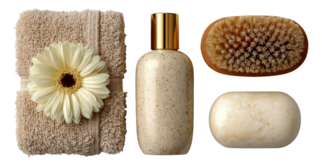 Soft Spa Essentials with Towel, Bottle, Soap, and Brush Isolated on Transparent Background