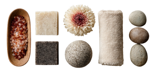 Natural Spa Elements with Floral Accent on Isolated Transparent Background