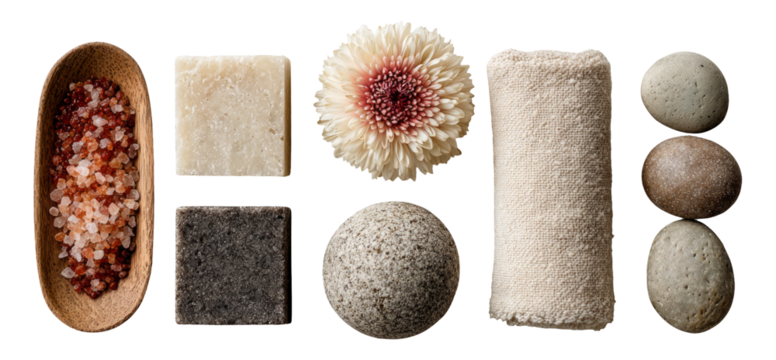 Natural Spa Elements with Floral Accent on Isolated Transparent Background