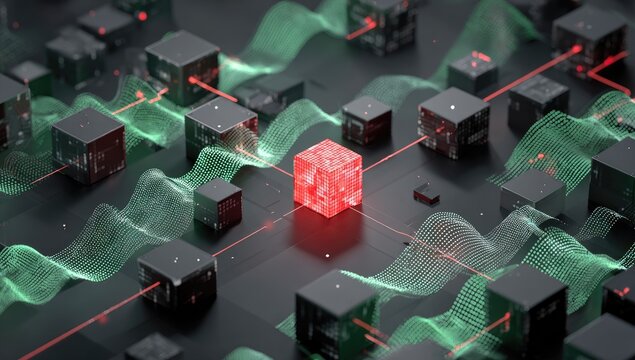 A central glowing red cube connected to numerous dark grey cubes via red lines and green energy waves on a dark surface
