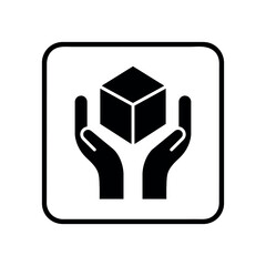 handle with care packaging symbol, two hands surrounding a box, black sign, vector icon