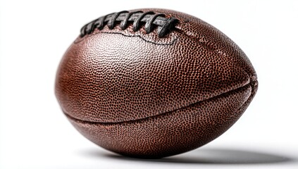 A brown leather American football, slightly angled, rests on a white background.  Its laces are visible, and the texture of the leather is prominent
