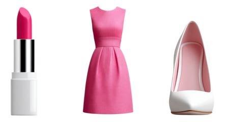 Pink Lipstick, Dress, and Heel Isolated on Transparent Background for Fashion Concepts
