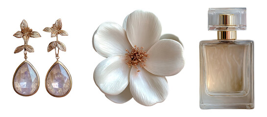 Elegant Accessories with Flower and Perfume on Transparent Background