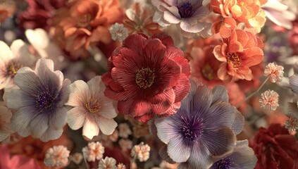 A lush, close-up of numerous flowers in warm, muted hues of orange, pink, red, and purple, bathed in soft, diffused light, creating a romantic and textured floral composition