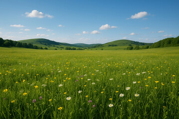A serene landscape featuring a lush green meadow under a vivid blue sky. The vibrant grass and distant hills evoke freedom, peace, and connection with nature.