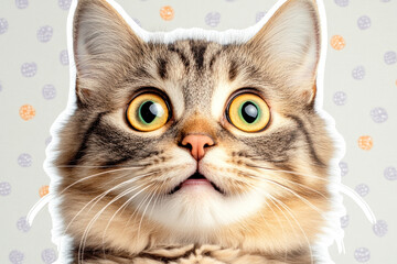 Close up of a wide eyed cat with alert gaze, soft fur, and whiskers, presenting a charming, curious expression against a playful dotted background.