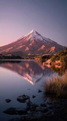 A majestic snow-capped volcanic peak, its reddish slopes reflecting perfectly in a calm lake at dawn.  Low-lying vegetation frames the foreground