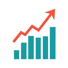 Teal bar chart showing increase with rising red arrow on white background