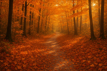 Obraz premium A cozy autumn path surrounded by orange and yellow foliage. The scene captures the warmth and nostalgia of fall in a peaceful woodland setting.