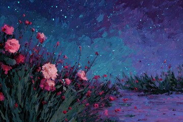 A night scene depicts pink flowers blooming vibrantly against a dark, star-speckled sky; a path leads into the scene