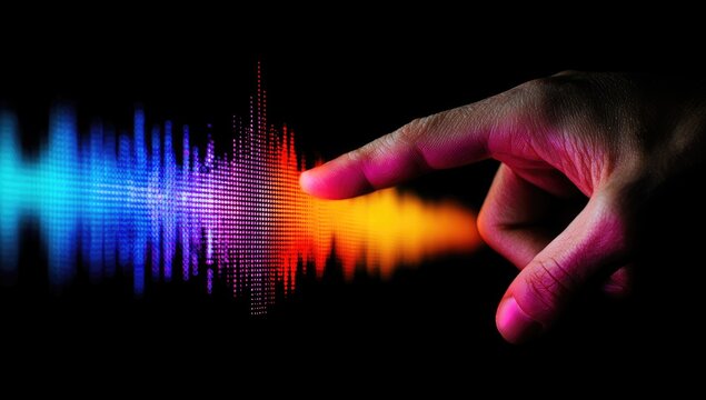 A hand interacts with a vibrant, multicolored audio waveform, seemingly manipulating its energy and flow against a stark black backdrop