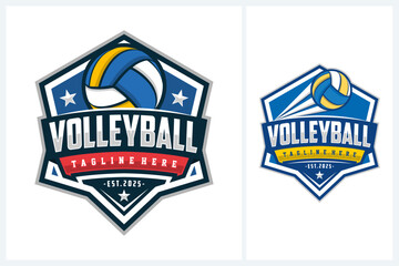 Volleyball logo badge design vector, volleyball team emblem logo design vector illustration template, volleyball tournament logo concepts with ball and stars