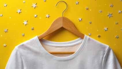 A plain white t-shirt hangs on a wooden hanger against a vibrant yellow background adorned with scattered silver stars