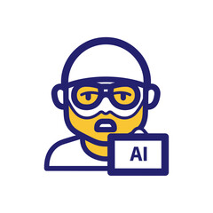 Man with glasses and beard wearing a cap, holding a tablet with 'AI' displayed, in a green screen style