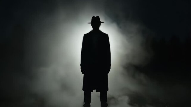 mysterious man silhouette fedora trench coat smoke