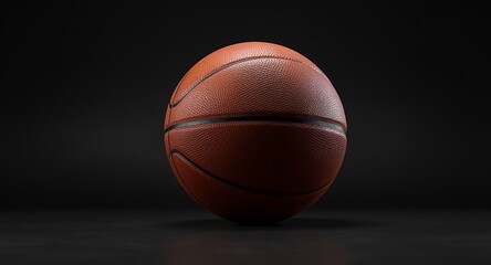 Obraz premium A close-up macro shot of a textured orange basketball with black seams, set against a dark, moody background with subtle lighting and reflections.