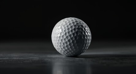 A close-up macro shot of a dimpled white golf ball resting on a dark textured surface, highlighting its surface texture and reflective quality, perfect for sports and leisure themes.