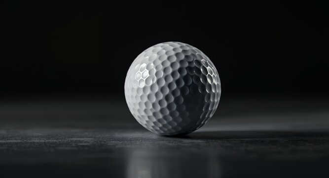 A close-up macro shot of a dimpled white golf ball resting on a dark textured surface, highlighting its surface texture and reflective quality, perfect for sports and leisure themes.