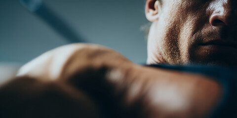 Workout, exercise closeup of a man working out, negative space for copy, short focus, sweaty, fitness shot, bodybuilding, sculpting, weight lifting, cross fit, gym, training, minimalist, skin, body