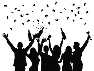 Vector art of silhouette of people celebrating with drinks and confetti