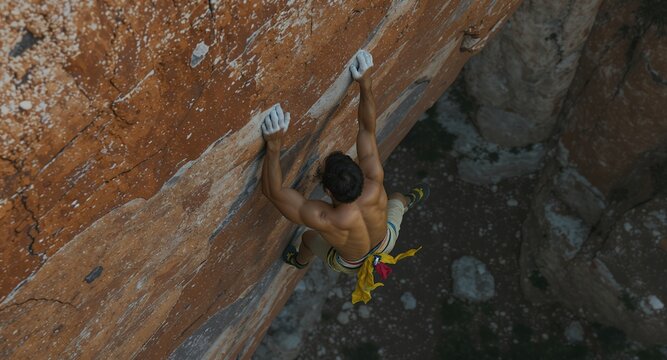 A Muscular Person Ascends a Steep Rock Face, Hands Covered in Chalk, Showcasing Strength and Determination in an Outdoor Adventure