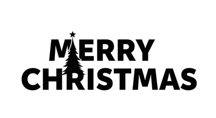 Bold black text proclaims 'MERRY CHRISTMAS' with a festive evergreen tree silhouette replacing the letter 'I' in the word 'CHRISTMAS'.