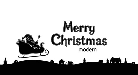 Modern silhouette of Santa Claus in a sleigh flying over a charming village at night, wishing Merry Christmas.