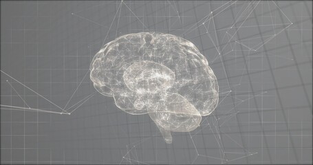 Floating translucent white wireframe brain model in grey 3D grid space, glowing network nodes