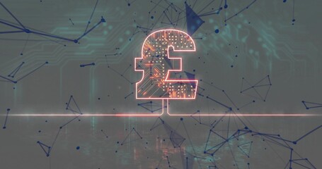 Neon pound sterling symbol emitting pink orange light over shiny floor, with circuitry, blue nodes