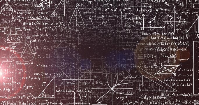 Displaying chalkboard showing chalk formulas geometric diagrams and function plots in classroom