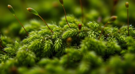 Lush green moss with slender brown stalks and seed capsules some with water droplets in soft focus