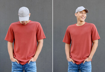 Young handsome man in t-shirt and cap against grey background, collage