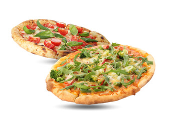 Different delicious pizzas in air on white background