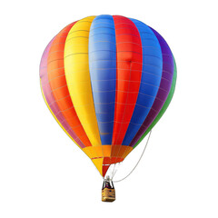 Fototapeta premium A vibrant, multicolored hot air balloon floats against a black background, its envelope displaying vertical stripes of red, orange, yellow, blue, and purple. A small gondola hangs beneath