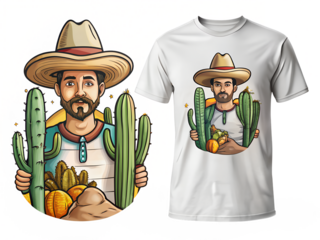 mexican sombrero and cactus hat, gardener, boy, mature, fun, vector, agricultural, cartoon, people, illustration, flower, woman, agriculture, expression, food, senior, old, smile, holding, person, far