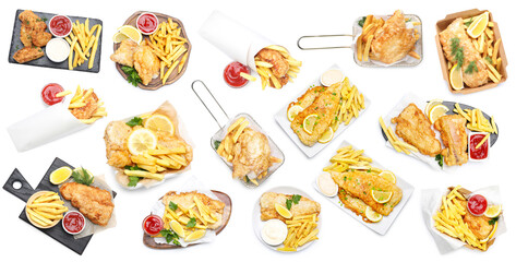 Fish and chips isolated on white, collage. Top view