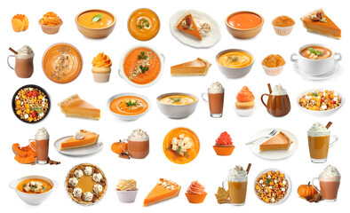 Different dishes, desserts and drinks made with pumpkin. Collection on white background
